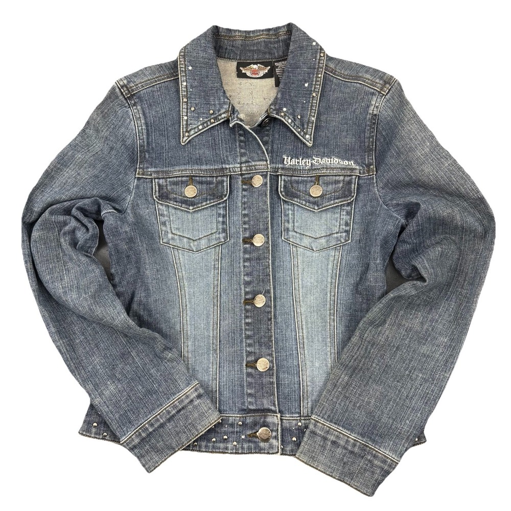 VTG HARLEY DAVIDSON Womens‎ Blue Denim Bling Stud Embellished Jacket - XS